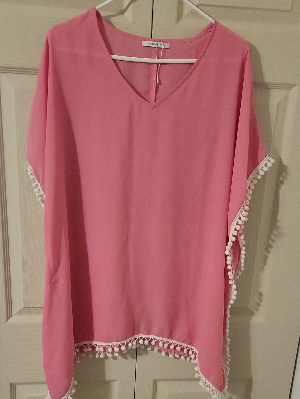 Pink V-Neck Pom Pom Swim Coverup